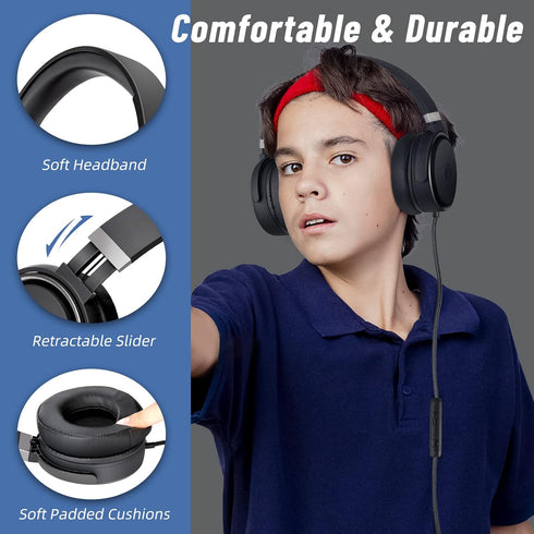 rockpapa Grade Wired Headphones with Microphone, Lightweight Foldable Stereo Bass Headphones with No-Tangle Cord & 3.5mm Jack for Women/Kids, Laptop Computer Tablet Airplane Chromebooks Phone Black