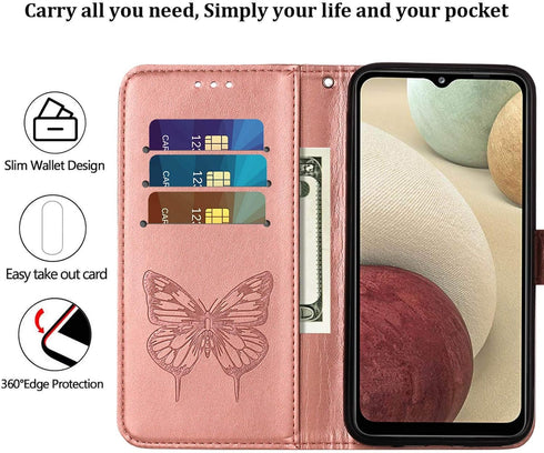 Flip Cover Phone Case for Galaxy A12, Rose Gold | Wallet, Butterfly Floral Embossed, Wrist Strap, Card Holder Slots,