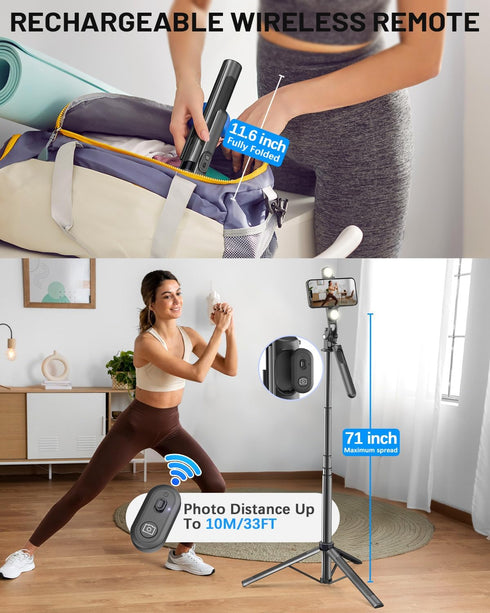 Yeaki 71" Vlogging Kit for iPhone/Android, Selfie Stick Tripod for iPhone with Light, Wireless Remote & Microphone
