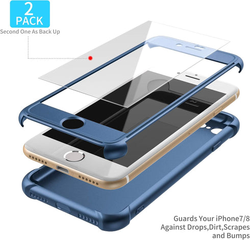 ORETECH iPhone 7/8 Case with 2 Pack HD Screen Protector, 360° Full-Body Silicone Soft TPU Protective Cover, Blue