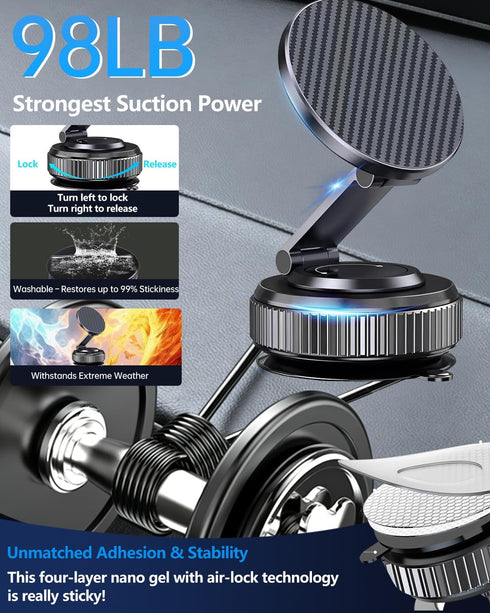 Veipho 360 17-12 Car Phone Holder for MagSafe - Magnetic Vacuum Mount Adjustable, Compatible with iPhone Series