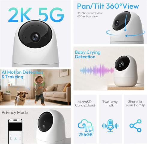 Rraycom 2Pack 2K 5G/2.4 360-Degree 24/7 Security Camera Indoor GHz Wi-Fi, Baby Monitor Pet/Dog Camera for Home
