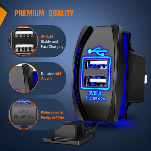 Nilight Dual USB Charger 4.2A Rocker Switch Style USB Charger 12V/24V Fast Charge Socket Waterproof Quick Charger for