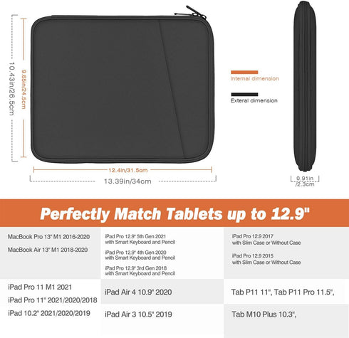 MoKo 12.9 Inch Tablet Sleeve Bag, Waterproof Carrying Case for iPad Pro M4 & Air M2 2024, Galaxy Tab S8+/S9+ (Dark Gray)