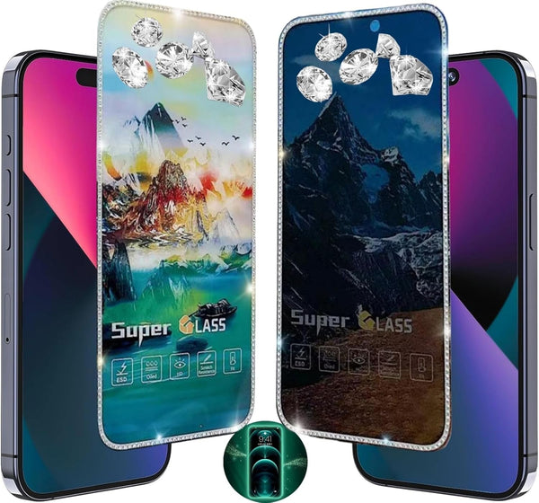 ?2 PACK? Diamond Luminous Edge Tempered Glass Film for iPhone 15Pro Screen Protector, 1 Clear HD + 1 Anti Spy, Case