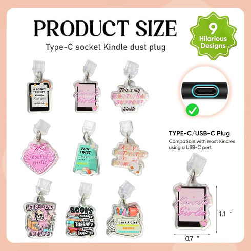 Tostmrks Set 9 E-Reader Charms - Pcs Custom Acrylic Dust Plugs for Kindle Type C Devices Fun Book Lover Accessories