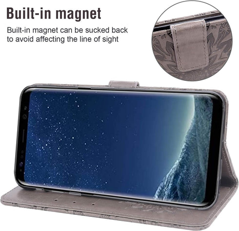 Samsung Galaxy S8 Wallet Case, Leather Sunflower Flip Cover with Tempered Glass Screen Protector, Gray