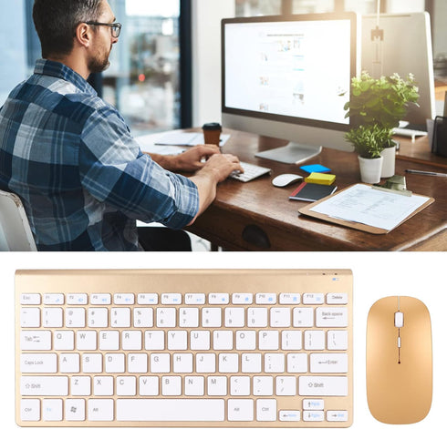 Zunate Ultra Slim Keyboard and Mouse Combo, Ergonomic Silent Mouse, Compact USB Set for PC, Laptop, Tablet (Gold)