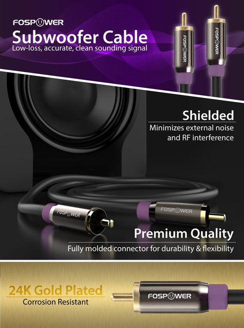 (10 24K FosPower Subwoofer Cable FT) RCA to RCA Audio Stereo Cable, Male to Male - Dual Shielded Cord | Gold Plated