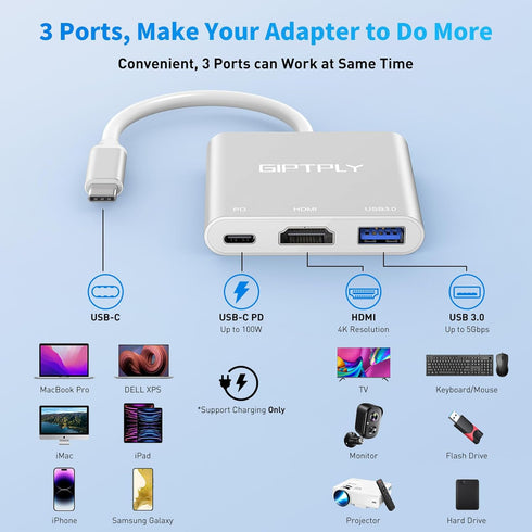 USB C to HDMI Adapter, 3-in-1 USBC Digital AV Multiport Adapter, USB Type C Converter to 4K@30Hz HDMI, USB 3.0, 100W PD for MacBook Pro/Air,iPad Pro Chromebook,Acer,HP,Dell,Surface,Samsung