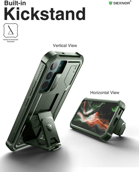 Dexnor Case for Samsung Galaxy S22, Built-in Screen Protector and Kickstand, Heavy Duty Military Grade - Army Green