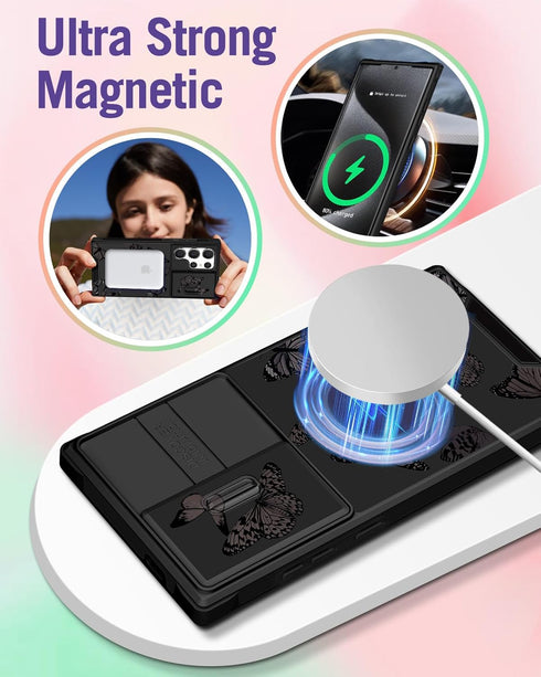 Samsung Galaxy S24 Ultra Case for Women, Cute Black Butterfly Design, Compatible with MagSafe, Camera Cover, 2in1