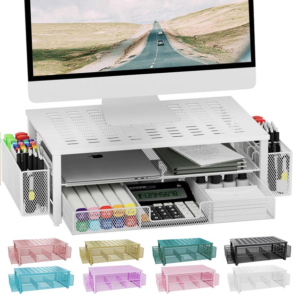 gianotter White Monitor Stand Riser, Desk Organizer with Drawer and Pen Holder, 2-Tier Computer Stand