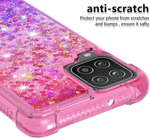 Samsung Galaxy A12 Case with Tempered Glass Screen Protector, Glitter Bling Floating Liquid Soft TPU Cover