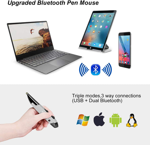 lychee Pocket Pen Mouse Rechargeable, Left/Right-Handed Optical Ergonomic Mouse with Bluetooth and Stylus Function (Grey)