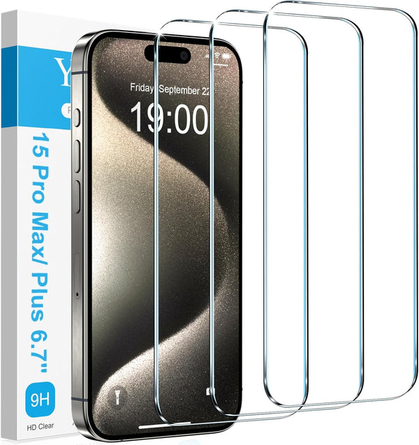 YMHML 3 Pack Screen Protector for iPhone 15 Pro Max/Plus, Military Grade HD Clear Tempered Glass, 6.7 Inch Accessories.