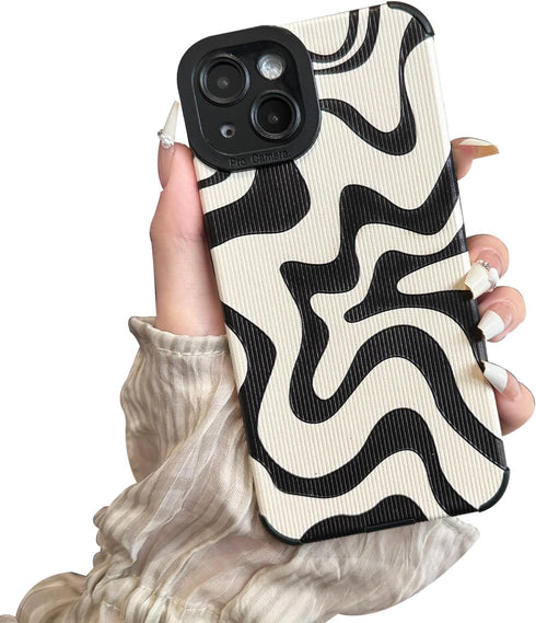 iPhone 14 Phone Case, Soft PU Leather TPU with Cute Art Wavy Painted, Slim Protective Shockproof Compatible with iPhone