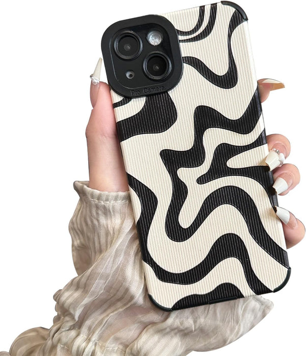 iPhone 14 Phone Case, Soft PU Leather TPU with Cute Art Wavy Painted, Slim Protective Shockproof Compatible with iPhone