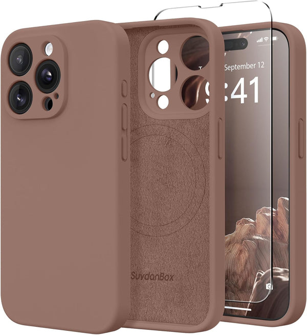 iPhone 13 Pro Max Case, Brown Silicone Shockproof, MagSafe Compatible, Full Camera Protection & 2 Screen Protectors.