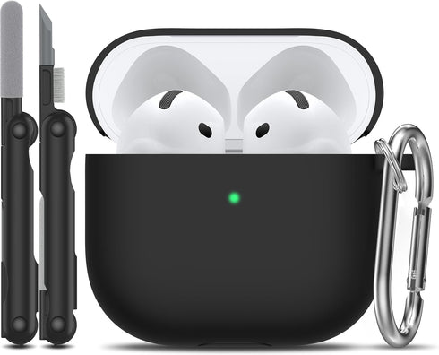 R-fun Soft Skin Silicone Case Cover with Cleaner Kit for AirPods 4th, Full Protective Case with Keychain, Black