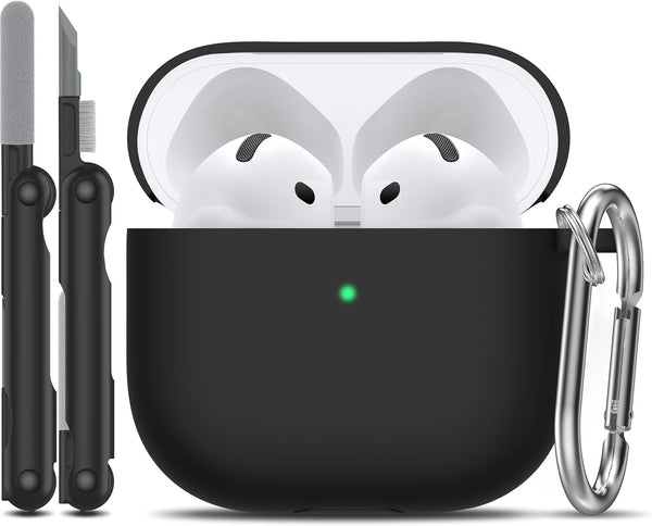 R-fun Soft Skin Silicone Case Cover with Cleaner Kit for AirPods 4th, Full Protective Case with Keychain, Black