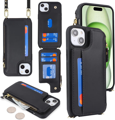 Cavor for iPhone 15 Case with Card Holder,iPhone 15 Wallet Case for Women,Phone Case iPhone 15 Case with Strap,Crossbody Lanyard and Wristlet,Leather Zipper Pocket Case-Black