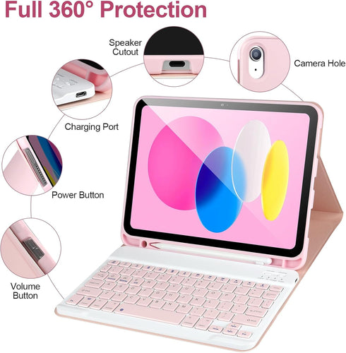 iPad 10th Generation Case with Keyboard, Detachable Bluetooth Keyboard Case with Pencil Holder, Pink