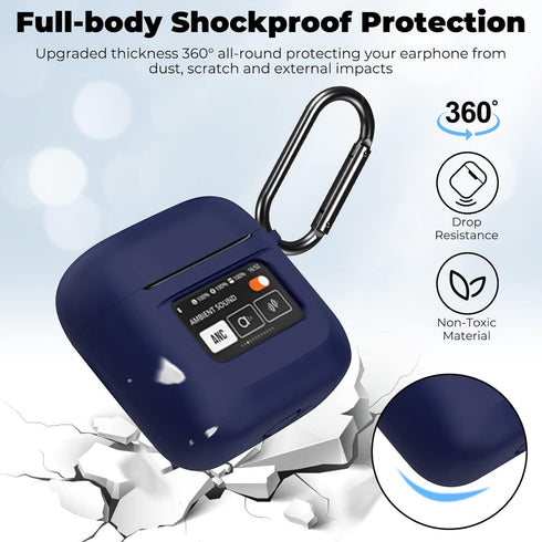 Case Cover for JBL Tour Pro 2, Dark Blue Silicone Protective Shockproof Earbuds Case with Keychain, 2023 Compatible