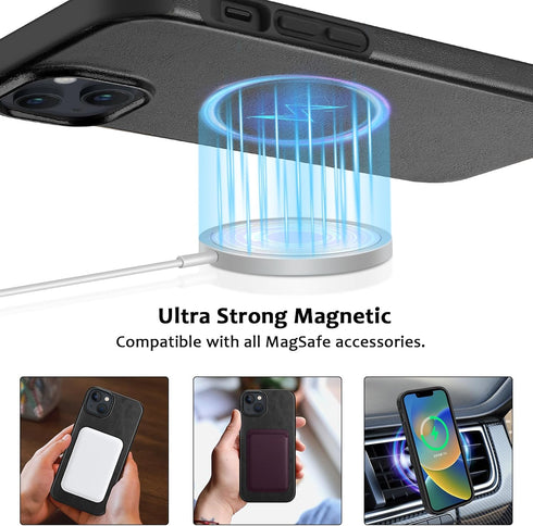 Premium Leather Magnetic Case for iPhone 14 Plus - Shockproof TPU Hybrid, Compatible with MagSafe (Black)