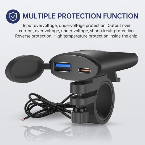 12V-24V Dual USB Charger Socket Waterproof Motorcycle Charger, 30W PD USB C & Quick 3.0 Motorcycle USB Charger, with Power-Off Protection Adapter Charger for Phone, Tablet, GPS (Black 3)