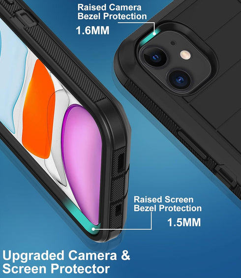 Heavy Duty Case for iPhone 11, Built-in Screen Protector, Full Body Rugged Shockproof Dust Proof Cover, Black-B
