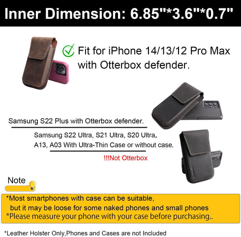 Gentlestache Darkbrown Leather Cell Phone Holster with Belt Clip, Flip Case for iPhone 14/13 Pro Max, Universal Pouch
