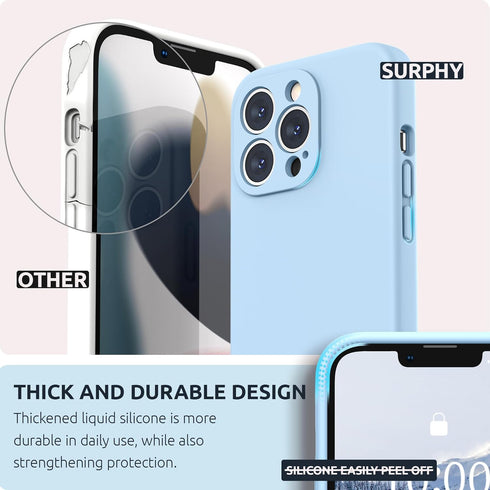 SURPHY iPhone 13 Pro Case, Light Blue, Liquid Silicone with Screen Protector, Camera Protection, Soft Microfiber Lining