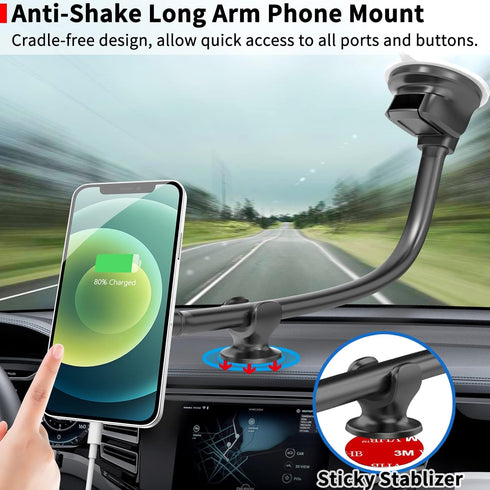 APPS2Car Magnetic Car Phone Holder Mount, Flexible Long Arm, Anti-Shake Windshield Phone Mount, Compatible with