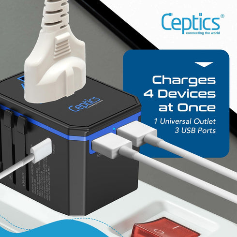 Ceptics Universal Travel Plug Adapter - 33W with PD & QC 3.0 USB-C Fast Charging, 2 USB Ports