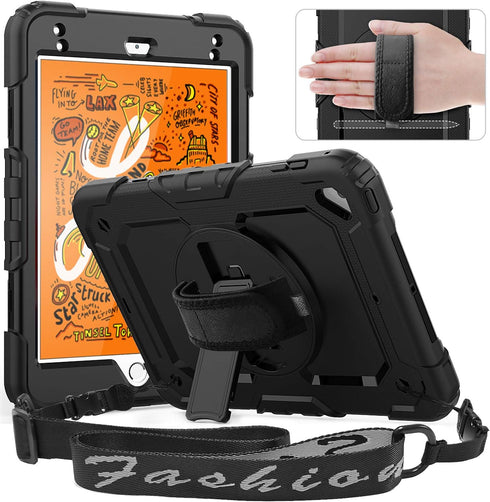Timecity Case Compatible for iPad Mini 5/4, Full-Body Protective Case with Screen Protector, 360 Rotating Stand, Black