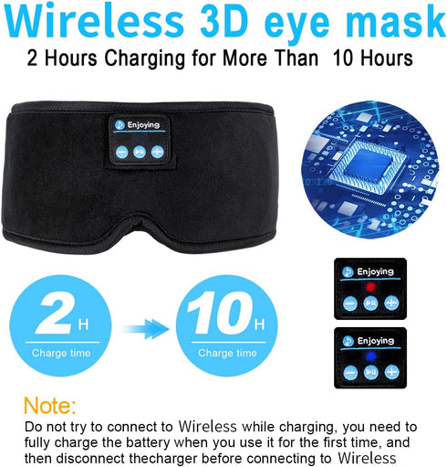 Sleep Headphones Black - Update Wireless 3D Eye Mask with Ultra-Thin HD Stereo Speakers for Side Sleepers, Travel