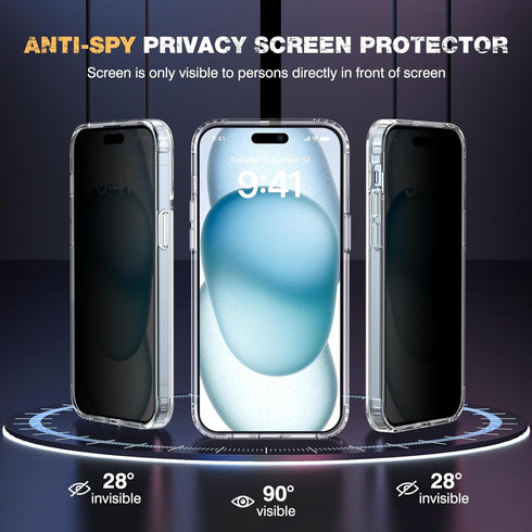 Diaclara iPhone 15 Plus Case: Heavy Duty Clear, Military Grade Drop Protection, Anti-Spy Privacy Screen Protector.