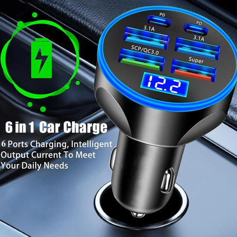 Super Fast Charge USB C Car Phone Charger Adapter, 6 in 1 with Voltage Display, 250W Multi Port Cigarette Lighter for