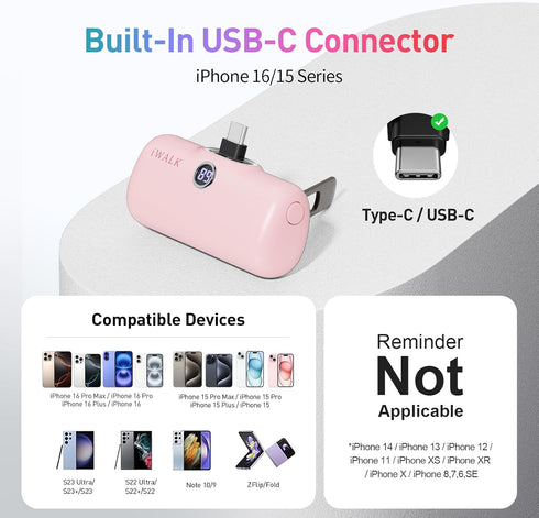 iWALK Portable Charger for iPhone 15 Series, 20W PD Fast Charging Power Bank, 5000mAh Battery Pack