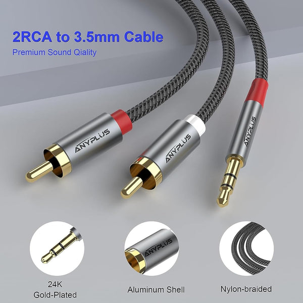 2RCA to 3.5mm, 1M 1/8 to RCA 2-Male Headphone Jack Fish Wire Braid Y Splitter RCA Auxiliary Cord for Smartphone, Tablet, HDTV,or MP3 Player Speaker