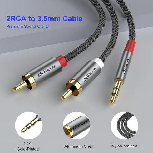 2RCA to 3.5mm, 1M 1/8 to RCA 2-Male Headphone Jack Fish Wire Braid Y Splitter RCA Auxiliary Cord for Smartphone, Tablet, HDTV,or MP3 Player Speaker