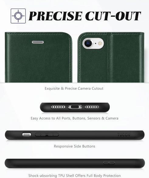 TUCCH Wallet Case for iPhone SE 2022/SE 2020/8/7, PU Leather Folio with Stand, Card Slot, Midnight Green