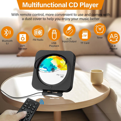 Portable CD Player with Bluetooth, Desktop Music Player with Remote Control, Supports CD/FM Radio/USB/AUX - Black