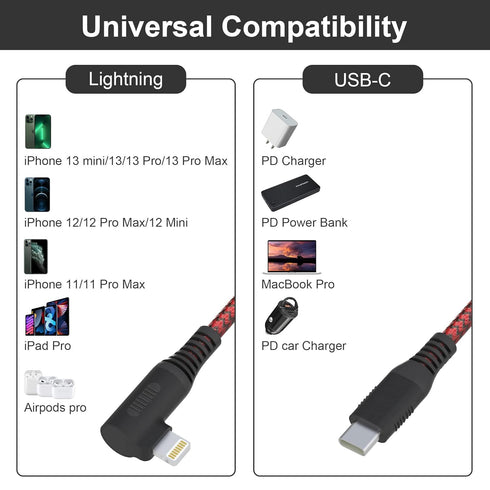 Long USB C to Lightning Cable 20ft, MFi Right Angle Lightning Cable 2.4A Fast, Heavy Duty Charger Cord for iPhone