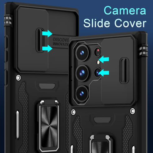 DEERLAMN Slide Camera Cover Case for Samsung Galaxy S24 Ultra with Screen Protector, Military Grade Shockproof - Black