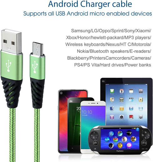 Fast Phone Charger Android 10ft 5-Pack Long Micro USB Cable Braided for Samsung Galaxy J3, J7, S6, S7 Edge, Note