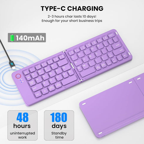 Mini Foldable Bluetooth Keyboard, Portable Wireless Full Size Keyboard for iPhone iPad Mac Android Windows (Purple)