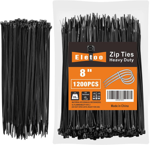 Eletoo 8 Inch Black Zip Ties (1200 Pack), 35 LBS Tensile Strength, Self-Locking