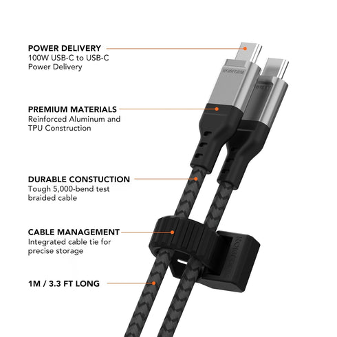 Rokform PowerTrip 100W USB-C Charging Cable, 1m (3.3 ft), Fast Charging Braided Cable for iPhone 15, Galaxy S23, USB C